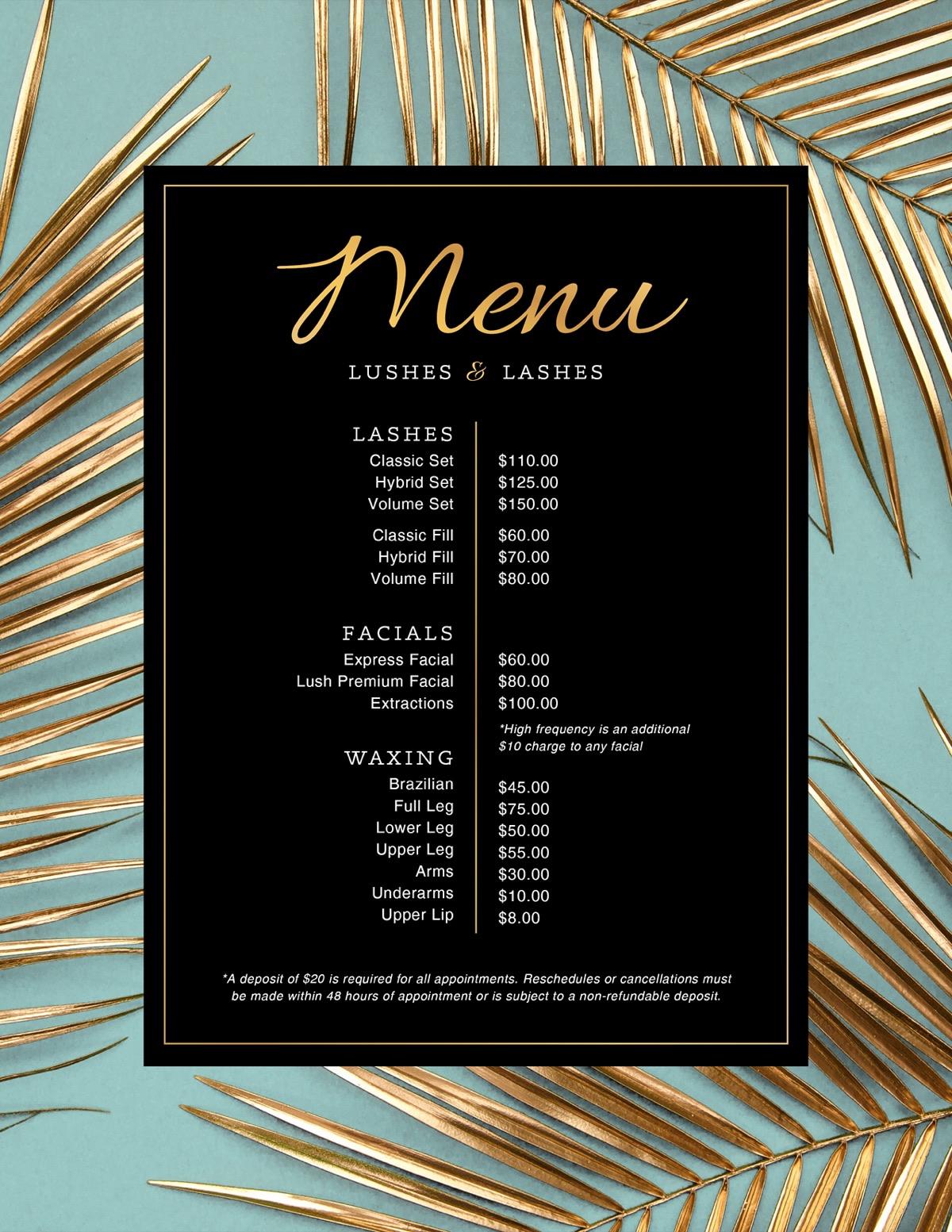 Lushes and Lashes service menu design